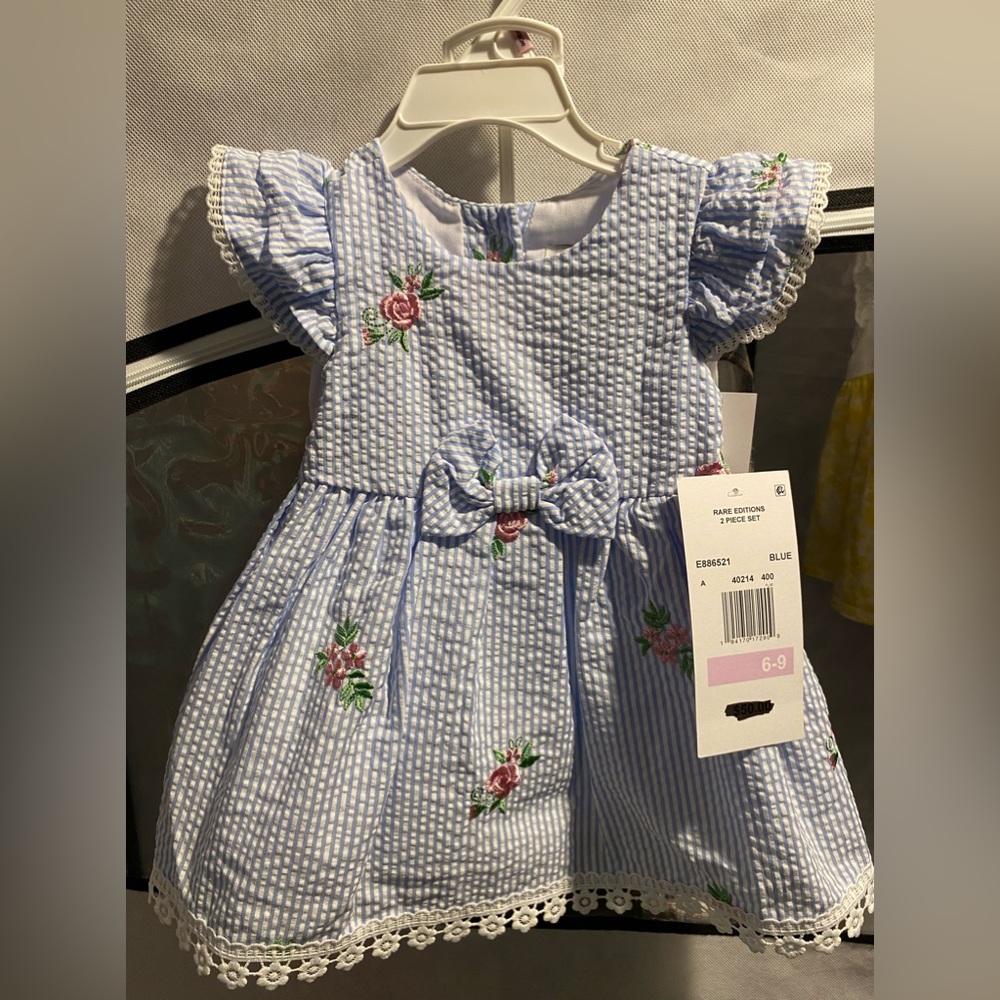 Rare Editions Infant Girls 2 Piece Blue and White with Pink Flowers Dress, 6-9 M